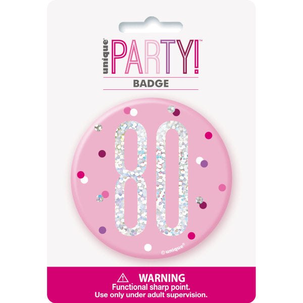 80th Birthday Pink Badge