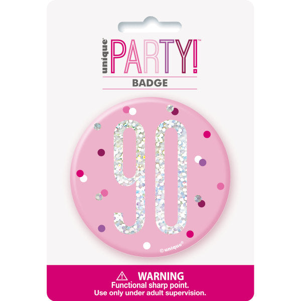 90th Birthday Pink Badge
