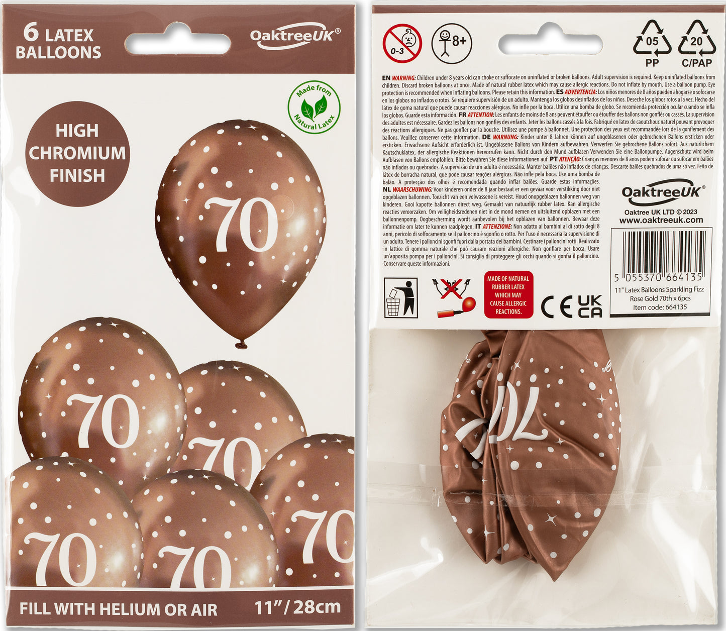 70th Birthday Metallic Rose Gold Balloons