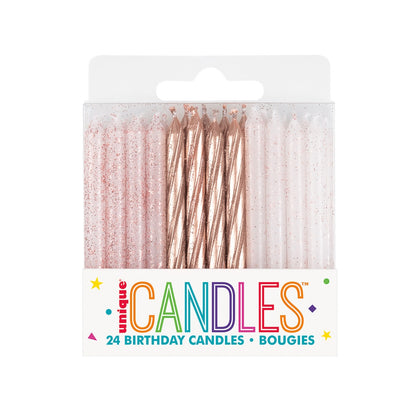 24 Glitter & Rose Gold Spiral Candles