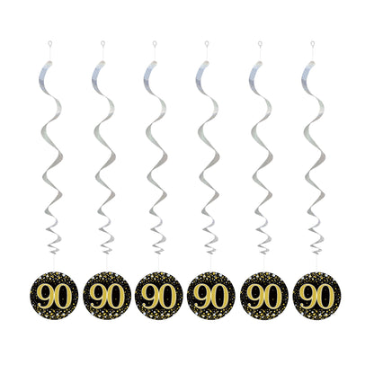90th Birthday Black & Gold Hanging Swirls