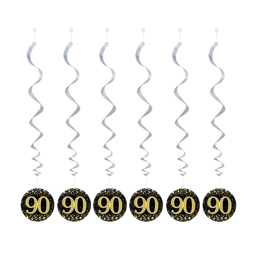 90th Birthday Black & Gold Hanging Swirls