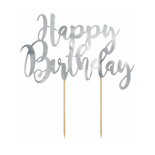 Silver Happy Birthday Cake Topper