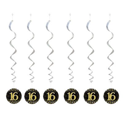 16th Birthday Black & Gold Hanging Swirls
