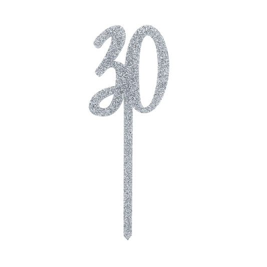Silver Glitter "30" Acrylic Cake Topper