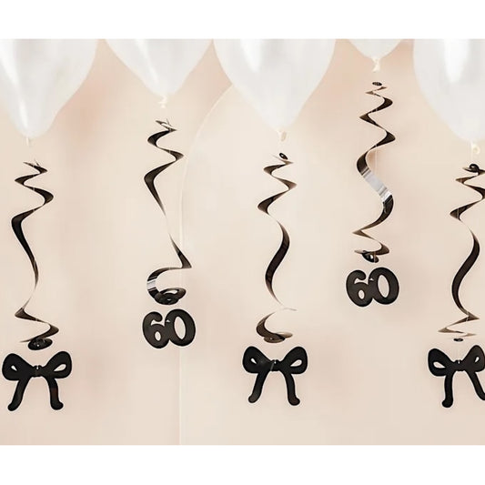 60th Birthday Black Bow Hanging Swirls