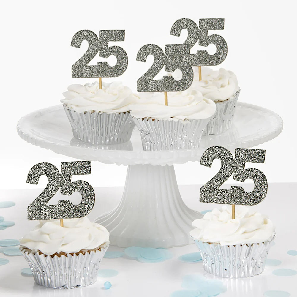 Silver 25 Glitter Cupcake Toppers