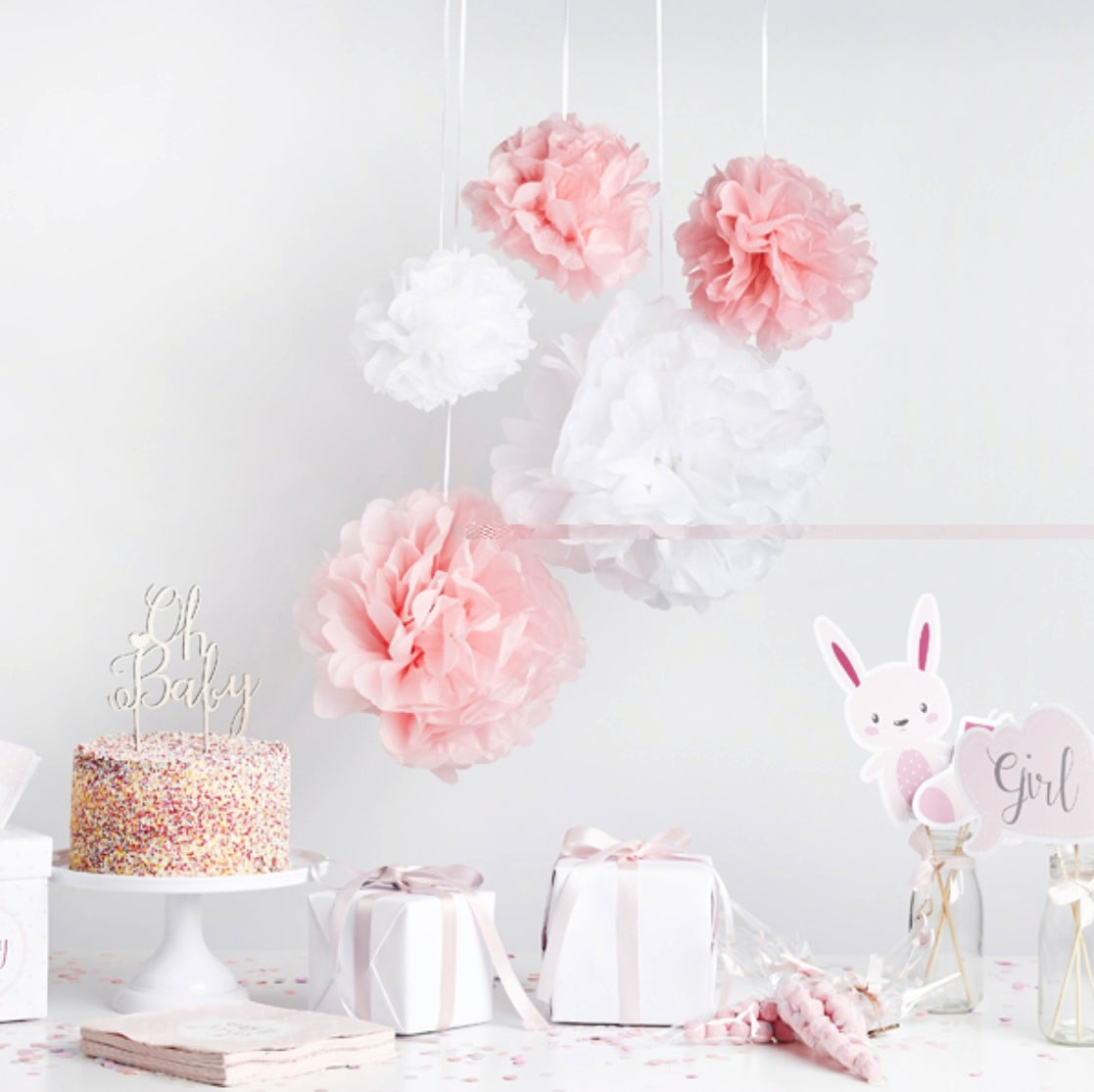 Pink & White Tissue Pom Poms