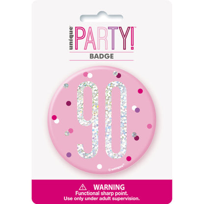 90th Birthday Pink Badge