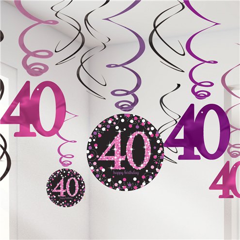 40th Birthday Pink Sparkling Hanging Swirls