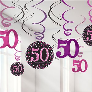 50th Birthday Pink Sparkling Hanging Swirls