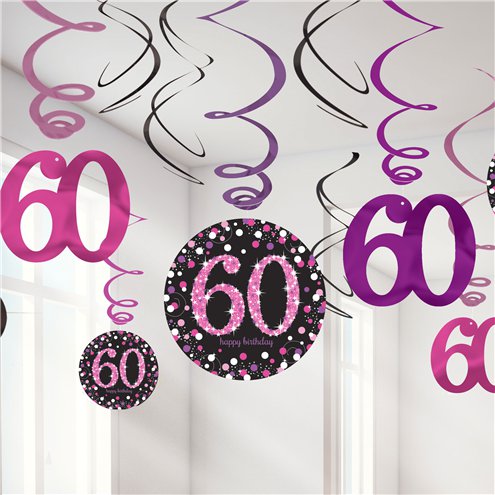 60th Birthday Pink Sparkling Hanging Swirls